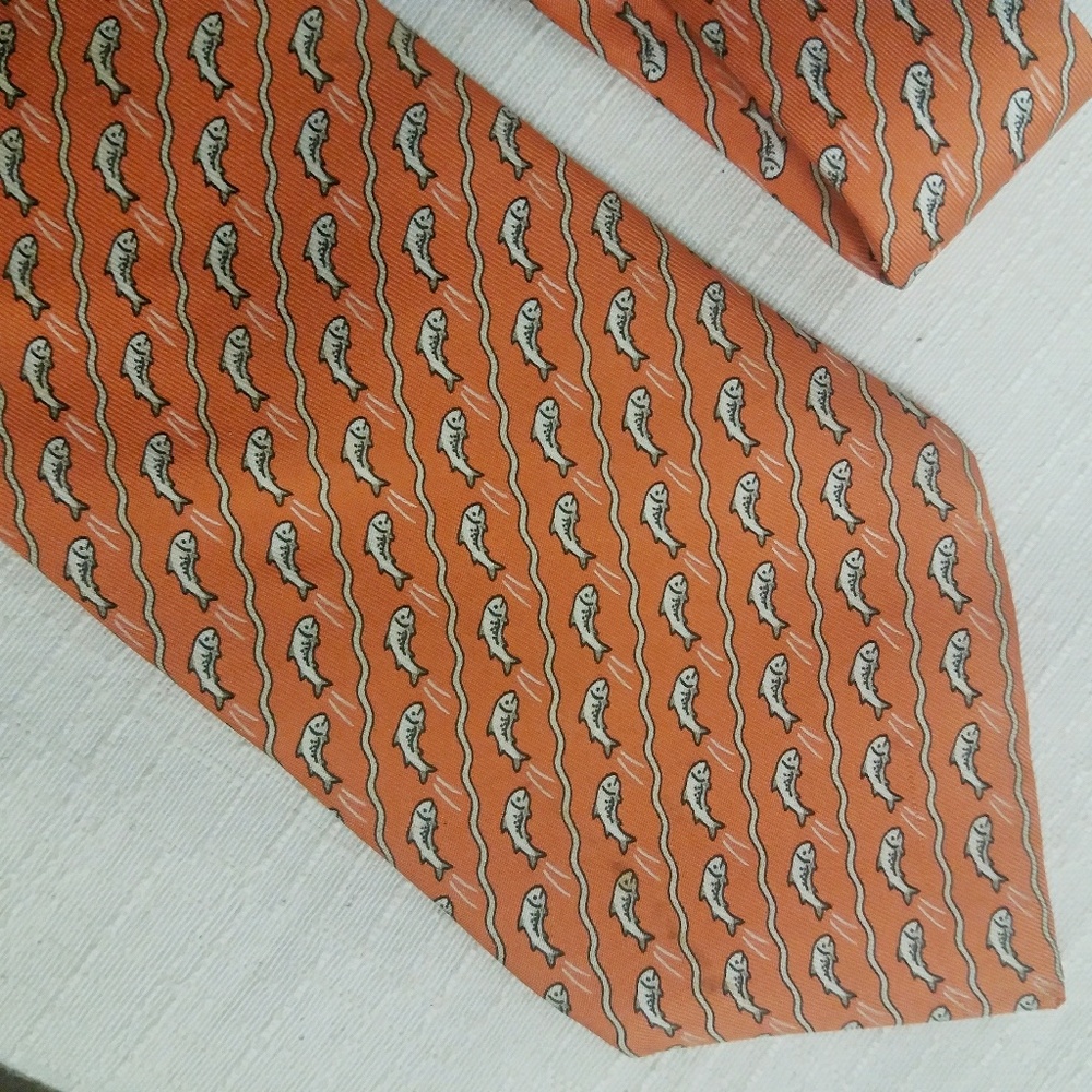 Hermès orange silk necktie 5170 IA leaping fish - Picture 5 of 5